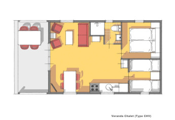 Plan d’un chalet avec véranda au Holiday park Witterzomer aux Pays-Bas, hébergeant jusqu’à six personnes.