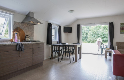 Chalet moderno con veranda en Holiday park Witterzomer, Países Bajos, con cocina abierta y sala de estar.