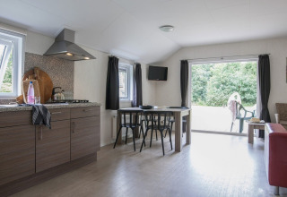 Modern chalet with veranda at Holiday park Witterzomer, Netherlands, featuring open kitchen and living area.