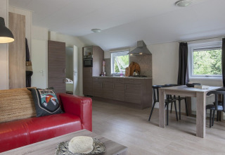 Indvendig udsigt af et chalet med rød sofa, spisebord, åbent køkken og lyse træmøbler i Holiday park Witterzomer.