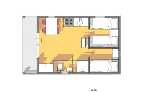Plano de la Lodge en Holiday Park Witterzomer, Países Bajos, con dormitorios, cocina y baño visibles.