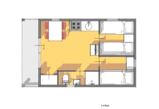Plantegning af Lodge-hytte i Holiday Park Witterzomer, Holland, viser soveværelser, køkken og bad.