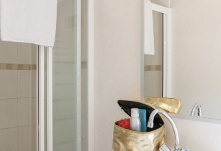 Baño con ducha, toalla blanca y neceser en la cabaña del Holiday park Witterzomer, Países Bajos.