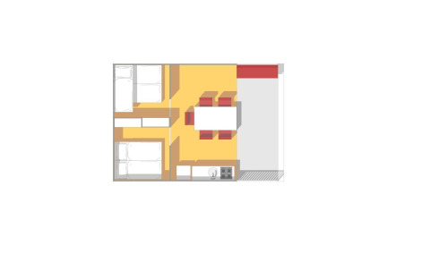 Plattegrond van safaritent bij Holiday park Witterzomer, Nederland, met bedden, tafel en kitchenette.