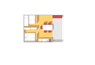 Floor plan of a Safari Tent at Holiday park Witterzomer in the Netherlands with beds, table and kitchen.