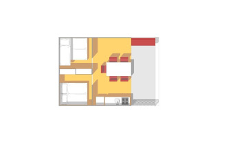 Plattegrond van een safaritent op Holiday park Witterzomer in Nederland met bedden, tafel en keuken.
