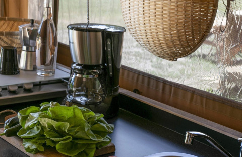 Rincón de cocina en tienda safari con cafetera, lechuga y cesta de mimbre junto a la ventana.