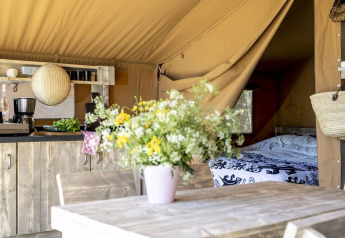 Indvendigt af en safariteltsuite i Holiday park Witterzomer, Holland, med rustik indretning og blomster.