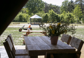 Vue d'une tente safari au Holiday park Witterzomer avec table en bois, fleurs et aire de jeux extérieure.