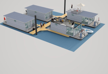 Aerial view of floating houseboats connected by docks at Marina Mookerplas, Netherlands, with people outside.