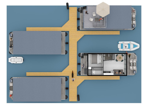 Vista aerea di houseboat e pontili in legno alla Marina Mookerplas nei Paesi Bassi, con persone e barche.