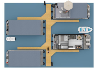 Vue aérienne de péniches et de quais en bois à la Marina Mookerplas, Pays-Bas, avec des personnes et bateaux.