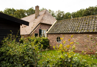 Thatched roof cottage and garden at Feather Down Landgoed Volenbeek holiday park in Gelderland, Netherlands.