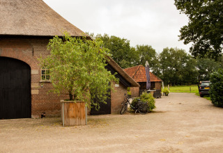 Cascina con tetto di paglia, albero in vaso e bici in un tranquillo parco vacanze a Gelderland, Paesi Bassi.