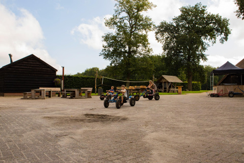 Børn leger på gokarts på en feriegård med udendørs bænke og træer i Gelderland, Holland.