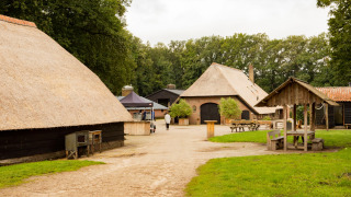 Bauernhofurlaub mit strohgedeckten Gebäuden und Picknicktischen bei Feather Down Landgoed Volenbeek.