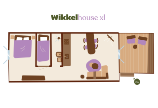 Plano del lodge Wikkelhouse XL en Beerze Bulten, Países Bajos, con dormitorio, sala de estar y terraza.