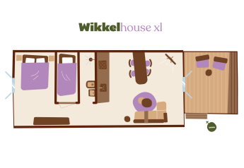 Plantegning af Wikkelhouse XL-lodge ved Beerze Bulten i Holland med soveværelse, stue og terrasse.