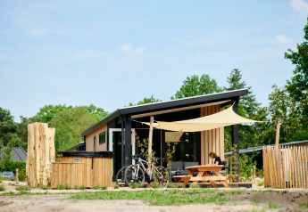 Tiny house Sand Lodge Jacuzzi con biciclette e tavolo da picnic al Holiday Park De IJsvogel nei Paesi Bassi, nel verde.