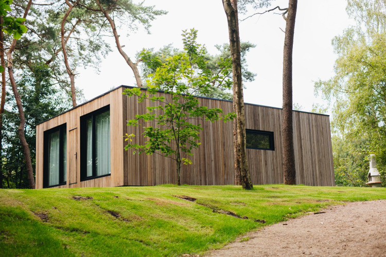 Hill Lodge en Beerze Bulten, Países Bajos, cabaña de madera moderna rodeada de árboles y naturaleza verde.