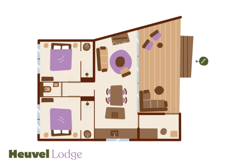 Plano del Hill Lodge en Beerze Bulten, Países Bajos, con dos dormitorios, sala de estar y terraza.