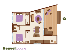 Plano del Hill Lodge en Beerze Bulten, Países Bajos, con dos dormitorios, sala de estar y terraza.