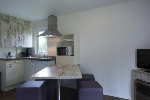 Angolo cucina e zona pranzo nella Forest lodge a Veluwecamping De Pampel, Olanda, dall’arredo moderno e minimalista.