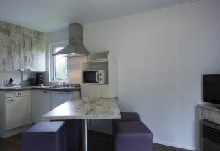 Moderne tekøkken og spiseområde i Forest lodge på Veluwecamping De Pampel, Holland, med minimalistisk indretning.