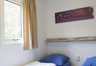 To enkeltsenge med blå betræk og et vindue i et lyst værelse i Forest lodge på Veluwecamping De Pampel.