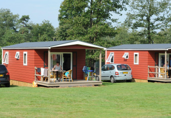 To røde hytter og biler ved Forest lodge på Veluwecamping De Pampel i Holland, omgivet af grøn natur.