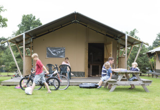 Famille devant une tente safari Woodlodge. Les enfants jouent avec des vélos, d'autres à une table de pique-nique.