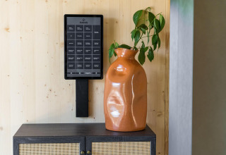 Zona de entrada de una cabaña con un panel Unbrick en la pared y un gran jarrón naranja con planta verde.