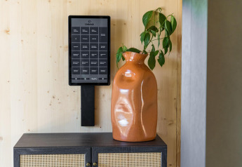 Zona de entrada de una cabaña con un panel Unbrick en la pared y un gran jarrón naranja con planta verde.