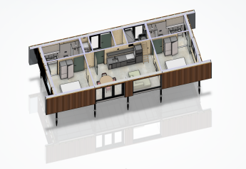 3D plantegning af Unbrick One lodge med sauna og pool, med moderne indretning og to soveværelser.