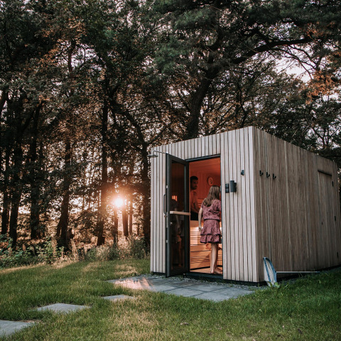 Moderna sauna in legno ai margini di un bosco al tramonto a De Weelderik, Paesi Bassi, persone che entrano.