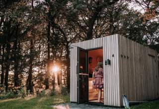 Moderna cabaña de sauna de madera junto a un bosque al atardecer en De Weelderik, Países Bajos, gente entrando.