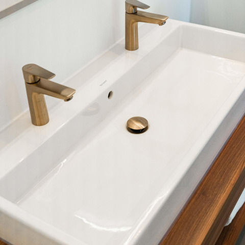 Lavabo moderne à deux robinets dorés au lodge Unbrick One, De Weelderik, Pays-Bas.