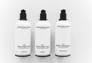 Three MARIE-STELLA-MARIS bottles in a bathroom at Unbrick One | Sauna and Pool at De Weelderik, Netherlands.