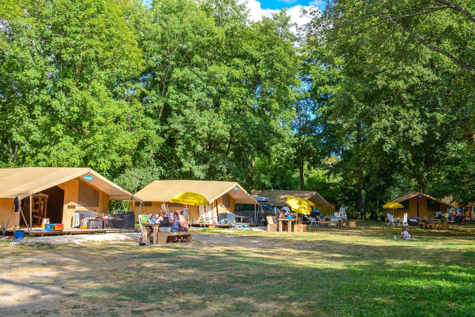Safaritenten met gele parasols op camping La Draille in Frankrijk, omgeven door groene bomen.