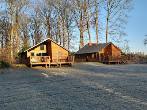 Dos cabañas de madera en River Lodge, Camping de Koeksebelt, Países Bajos, rodeadas de césped y árboles altos.