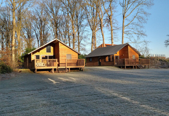 Dos cabañas de madera en River Lodge, Camping de Koeksebelt, Países Bajos, rodeadas de césped y árboles altos.