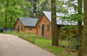 River Lodge en Camping de Koeksebelt, Países Bajos, con dos cabañas de madera entre árboles y vegetación.