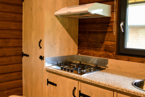 Cocina en River Lodge en Camping de Koeksebelt con estufa de gas, campana y paredes de madera.