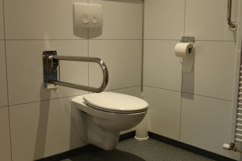 Baño accesible con barra de apoyo y portarrollos en River Lodge, Camping de Koeksebelt, Países Bajos.