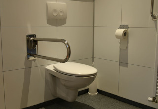Baño accesible con barra de apoyo y portarrollos en River Lodge, Camping de Koeksebelt, Países Bajos.