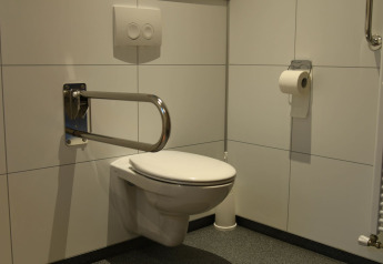 Baño accesible con barra de apoyo y portarrollos en River Lodge, Camping de Koeksebelt, Países Bajos.