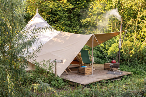 Une tente tipi confortable avec auvent et coin salon, entourée d'une végétation luxuriante en pleine forêt.