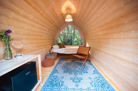 Premium Solo Panoroma Pod presso RØSTIG nei Paesi Bassi con interno in legno e vista sul bosco.