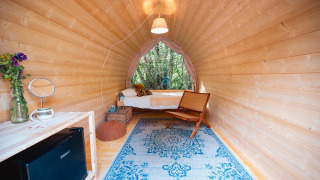 Premium Solo Panoroma Pod en RØSTIG, Países Bajos, con interior de madera y vista al bosque.