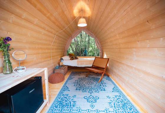 Premium Solo Panoroma Pod presso RØSTIG nei Paesi Bassi con interno in legno e vista sul bosco.